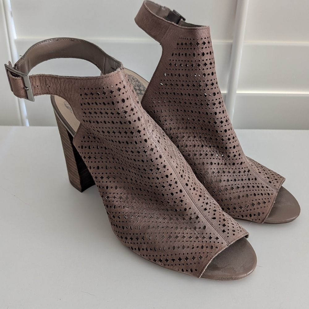 Vince Camuto Taupe Peep-Toe Block Heels